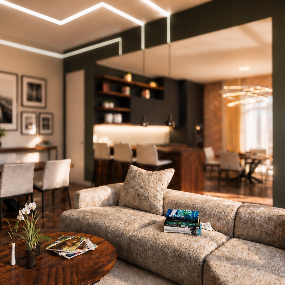 Interno contemporaneo con zona living e cucina a vista