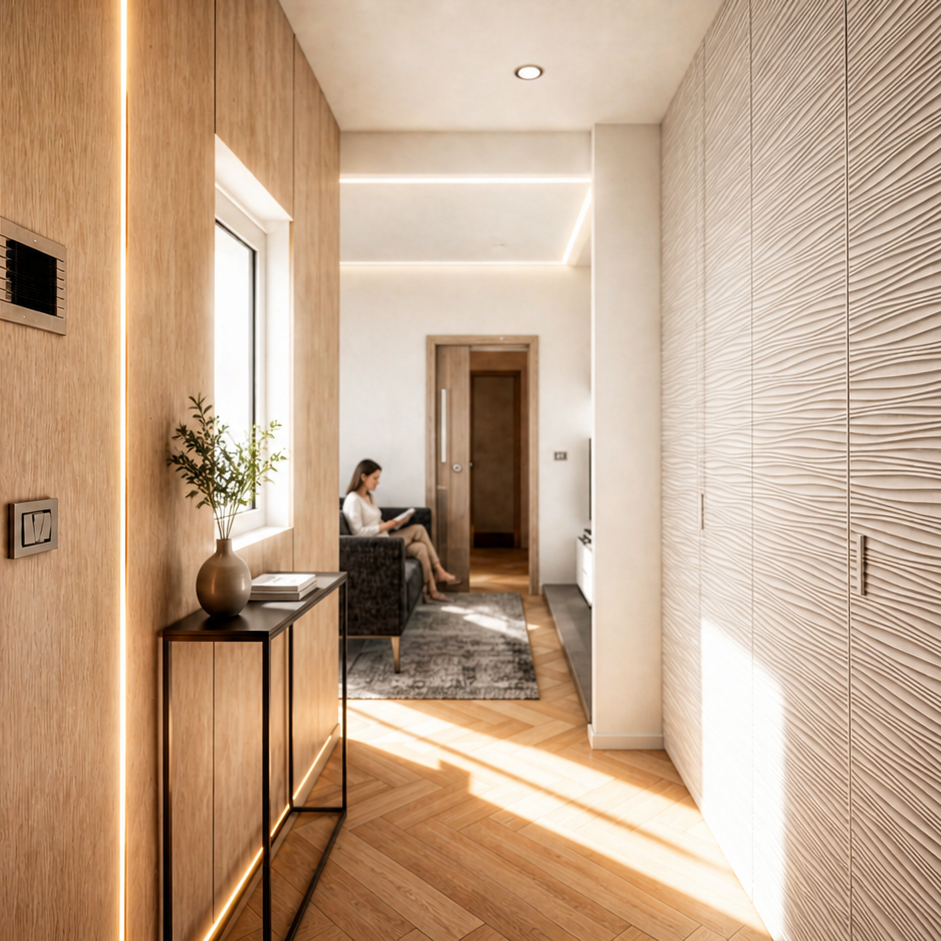 Interno residenziale con boiserie in legno e luce naturale