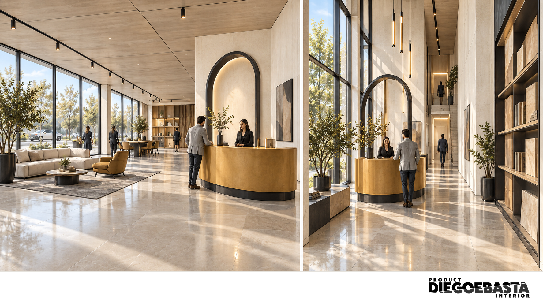 Due showroom immaginari affiancati: uno ampio e basso, l’altro stretto e alto. Entrambi hanno un banco di accoglienza curvo color ocra, una base scura e un arco; cambiano proporzioni, percorso e luce.