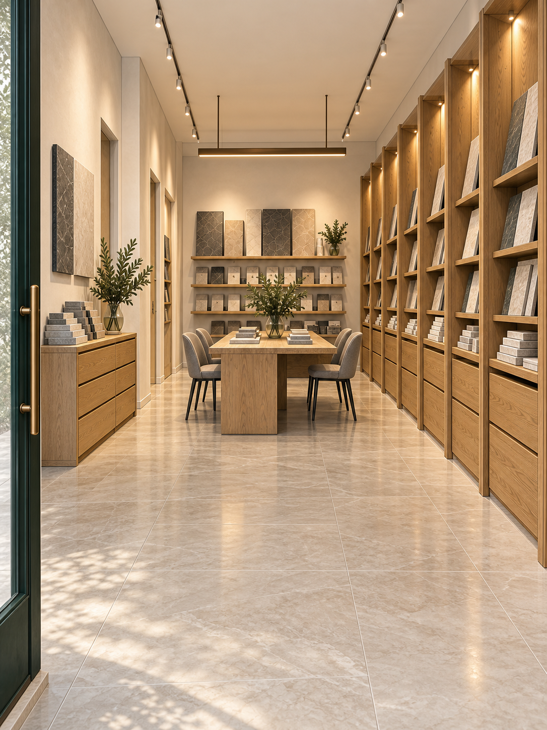 Showroom immaginario con campioni di materiali su scaffali in legno e tavolo centrale per la consulenza.
