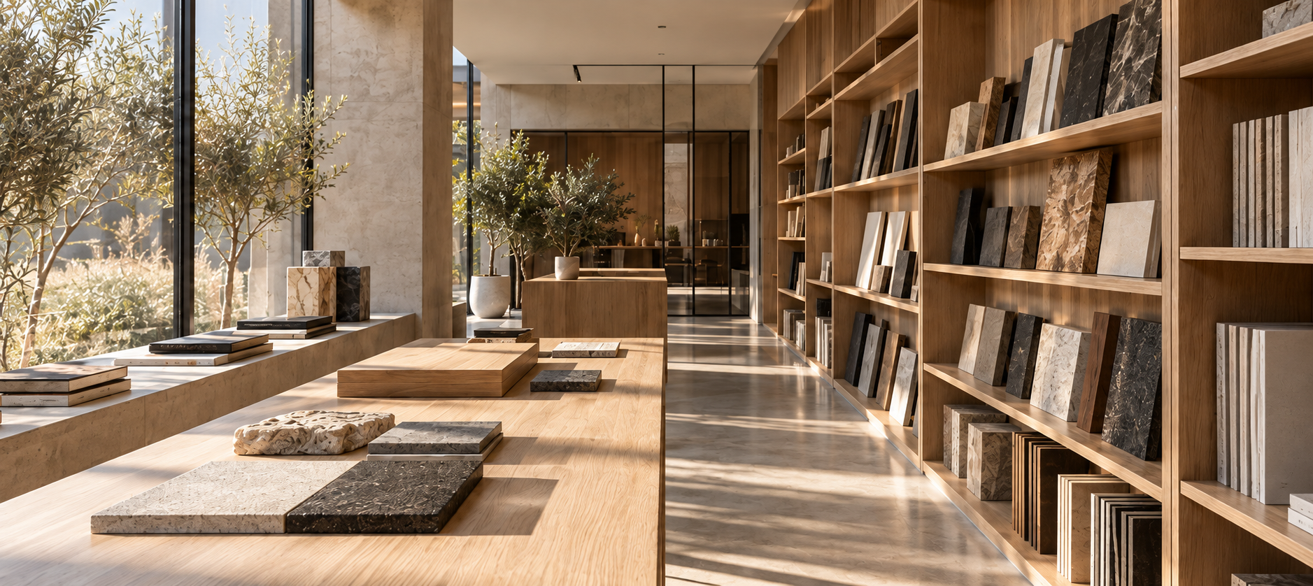 Illustrazione di uno showroom con campioni di materiali, tavolo in legno e luce naturale