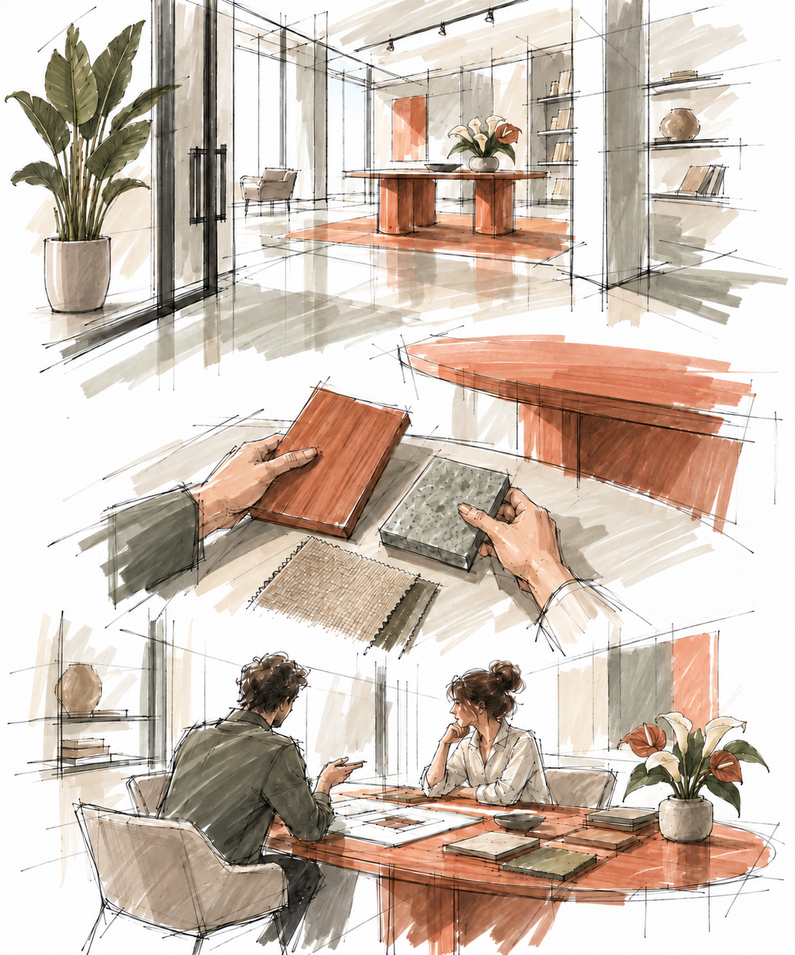 Tre schizzi a mano libera dello showroom: all’ingresso una strelitzia a foglie ampie, un tavolo esposto con un piccolo mazzo di calle e anthurium, campioni confrontati a mano e un colloquio con composizione floreale sul tavolo.